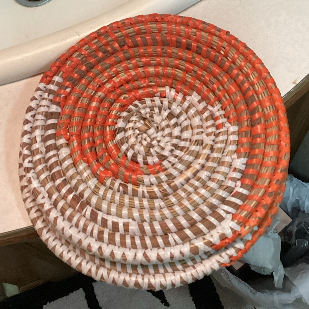 NWOT Set of 2 Large, Vibrant, Woven Coasters in Orange, White, & Brown
